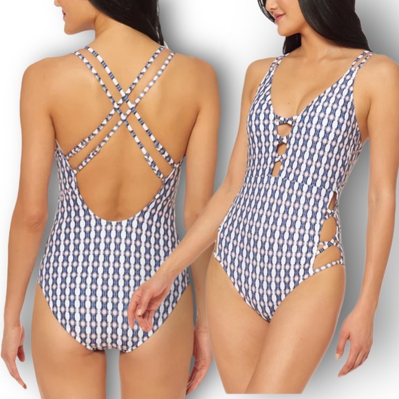 Jessica Simpson Venice Beach Print Plunging Strappy One-Piece Swimsuit - Picture 9 of 9